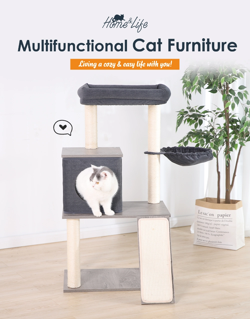 Modern Sisal Cat Tree House Gray Cat Furniture Pet Scratcher Condo Post Tower